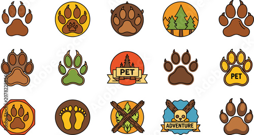 Photography Wild Animal Paw Print Badges and Pet Adventure Nature Icon Collection