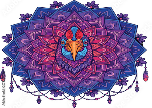 Ornate Boho Peacock Mandala Vector Illustration with Floral Patterns, Jewel Accents, and Vibrant Purple Tones for Decorative Designs