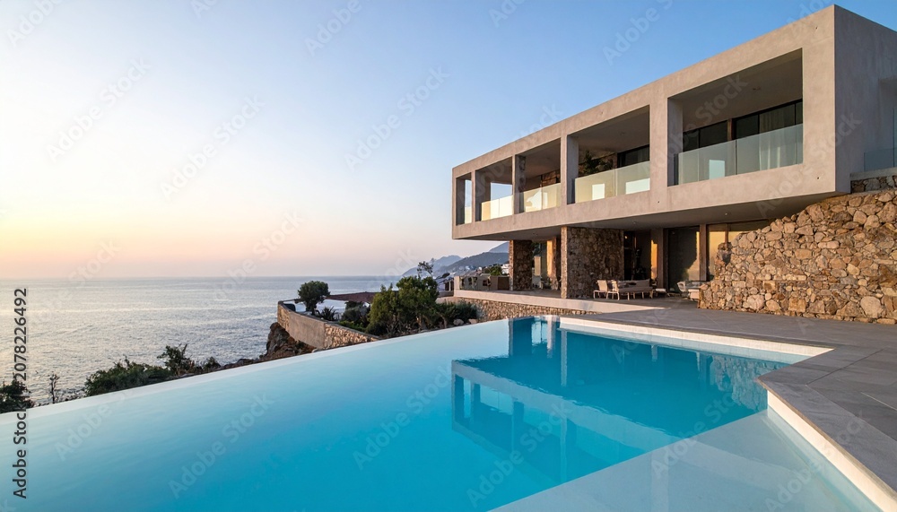 Fototapeta premium Modern Brutalist Seaside Estate with Infinity Pool and Natural Stone Masonry Architecture at Sunset