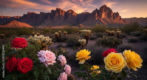 Beautiful Mountain Landscape with Colorful Flowers at Sunset.