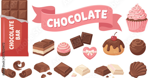 Cuadro en lienzo Set of various chocolate desserts candies and sweet pastry elements with a pink