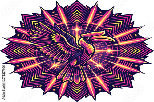 Vibrant Neon Phoenix Mandala Vector Illustration with Glowing Geometric Sunburst and Sparkles for Poster and Apparel Designs