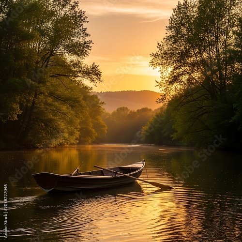 Serene Sunset Over Calm River with Rowboat in Nature.
