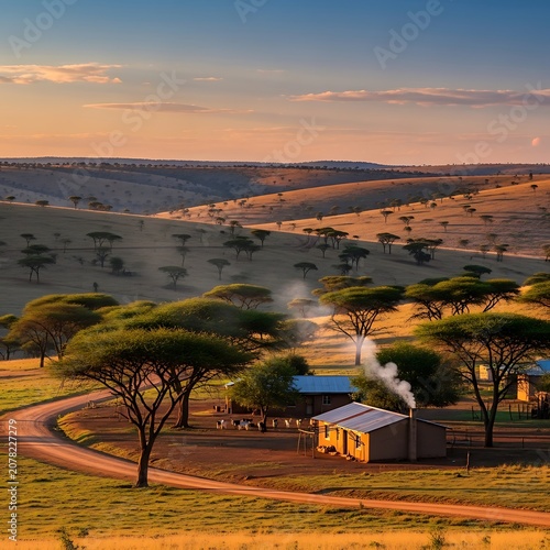 Serene Rural Landscape with Rolling Hills and Smoke Rising from a Small House.