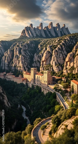 Majestic Mountain Landscape with Rocky Cliffs and Urban Area.