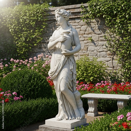 Elegant White Marble Statue of a Woman in Garden Scene.