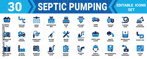 Set of 30 flat vector icons for septic pumping and sewage maintenance service and plumbing repair work Minimal solid icon set bundle collection. Editable Vector Illustration Mega pack
