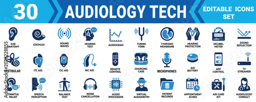 Canvastavla Set of 30 editable audiology technology icons for hearing health medical clinic and ear care services Minimal solid icon set bundle collection