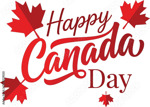 Happy Canada Day Lettering with Elegant Maple Leaf, Modern Red Accents, Clean White Background, Patriotic Typography Design for Canadian National Celebration, Holiday Greeting, Banner, Poster