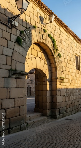 Historic Stone Archway Entrance in Warm Sunlight.