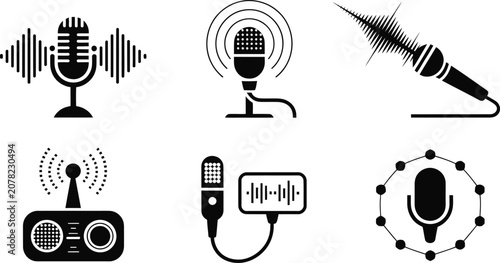 Foto Podcast, Audio Recording, and Broadcasting Microphone Icon Vector