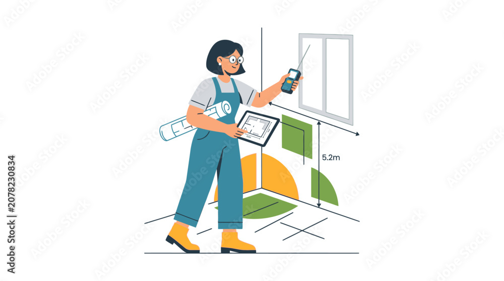 Fototapeta premium Woman architect measuring room with tablet and phone, planning renovation
