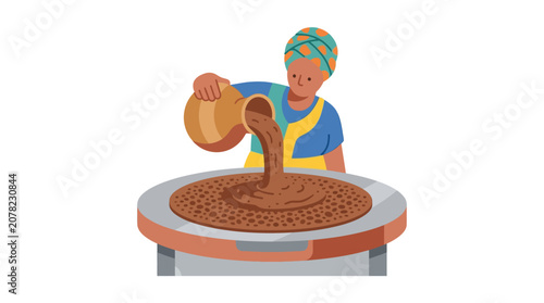 African woman pouring traditional coffee from a jebena into a large plate