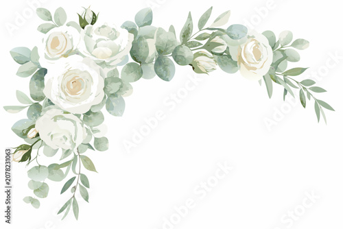 Watercolor white rose corner arrangement with eucalyptus leaves on a white background