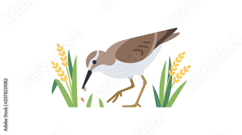 Quadro su tela Little bird pecking seeds in grass and wheat field, flat illustration