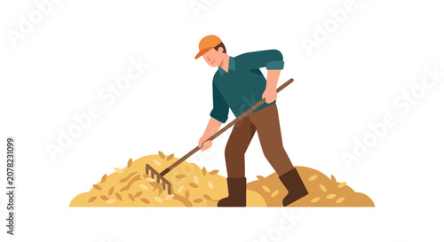 Photos Farmer raking hay or straw, agricultural work, manual labor illustration