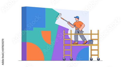 Man painting abstract colorful wall on scaffolding, renovation concept