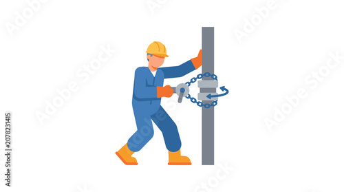 Canvastavla Construction worker using chain hoist to lift heavy object on pole