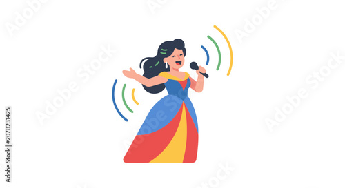 Obraz na płótnie Singer Performing with Microphone, Colorful Sound Waves, Cartoon Style