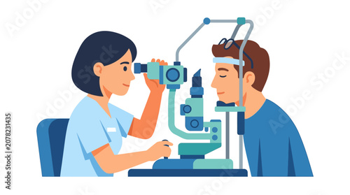 Foto Optometrist examining patient's eye with slit lamp, vision check, eye care conce