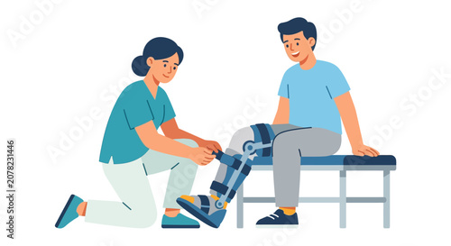 Physical Therapist Adjusting Patient's Knee Brace for Rehabilitation