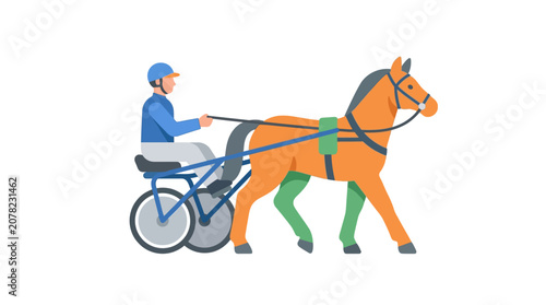 Fotografi Harness Racing: Jockey Rides Horse Pulling Sulky in Flat Illustration Style