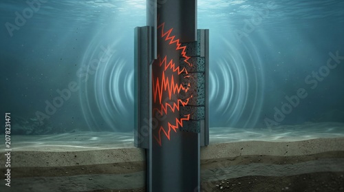Cross-section diagram of an underwater industrial pipe emitting strong acoustic seismic sound waves into the ocean water.