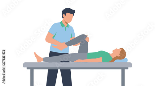 Physical therapist examining patient's knee on examination table, rehabilitation concept