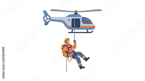Tableau sur toile Helicopter Rescue Operation, Firefighter Rappelling Down Cable - Flat Design