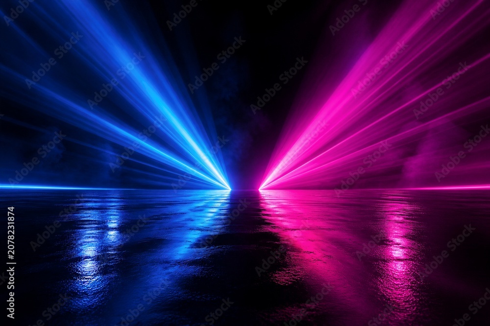 Fototapeta premium Vibrant beams of blue and pink light pierce the dark night. Rain-slicked ground reflects the dazzling rays with clarity. The scene pulses with energy, evoking awe and wonder. Ideal for club, festival