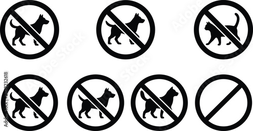 No Dogs Allowed Prohibition Icon Set with Multiple Crossed Dog Silhouette Symbols in Various Styles for Pet Restriction Signs, Public Areas, and No Pets Notices