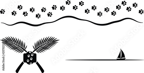 Tropical Beach Scene Silhouette with Paw Prints Border, Ocean Waves, Palm Leaves, Crossed Oars, and Sailboat for Coastal, Pet-Friendly, and Summer Travel Designs