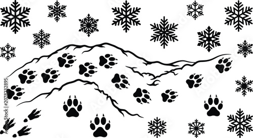 Winter Wildlife Scene Silhouette with Animal Paw Prints in Snow, Snowflakes, and Frozen Ground Tracks for Christmas, Nature, and Seasonal Holiday Designs