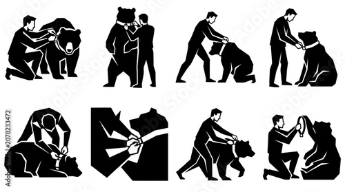 Bild auf Leinwand Man Taming Bear Silhouette Icon Set