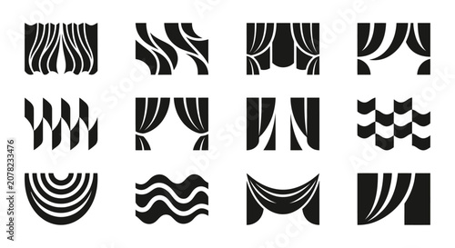 Canvas Print Collection of Abstract Curtain Icons and Symbols, Various Designs, Black and Whi
