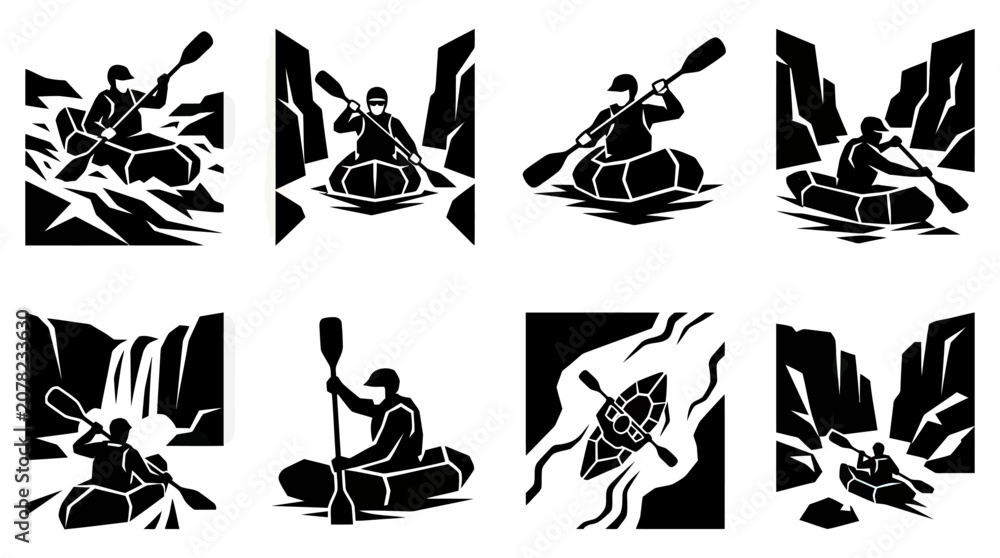 Obraz premium Rafting Kayaking Icons: Adventure Sports, Extreme Water Activities, Outdoor Recreation Symbols