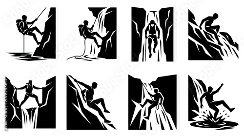 Billede på lærred Canyoning and Rappelling Silhouettes: Adventure Sports Icons Collection