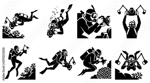 Obraz na płótnie Scuba Diver Photography Icons Set - Underwater Camera Action
