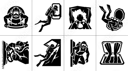 Fotografía Scuba Diving Icon Set: Divers in Action Underwater, Cave Exploration, and Equipm