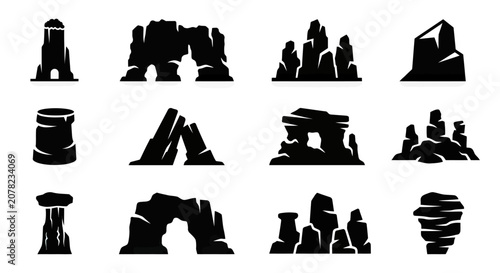 Slika na platnu Rock Formations Silhouette Collection Icons - Stone Shapes, Arches, Pillars