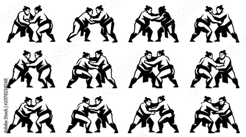 Obraz na plátně Sumo Wrestlers Fighting Silhouette Icon Set
