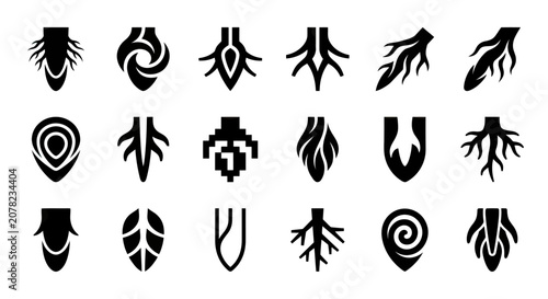 Konstfotografi Abstract Root Symbols and Icons Set, Nature Organic Shapes, Vector Graphic Colle