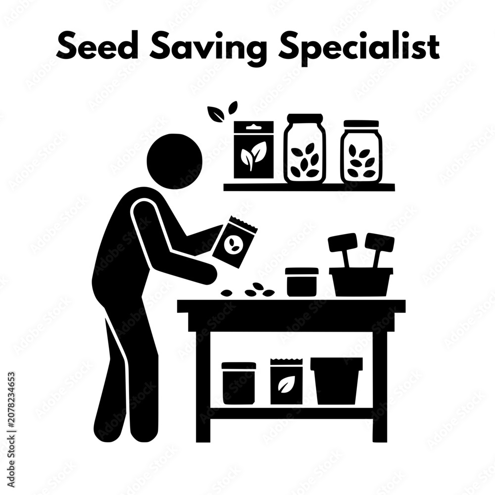 Fototapeta premium Seed saving specialist sorting organic plant seeds into jars vector icon