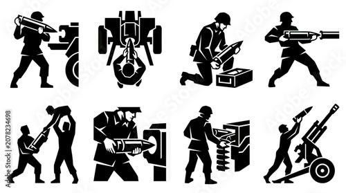 Fotografie World War II Soldiers Loading Artillery Shells, Silhouette Icons