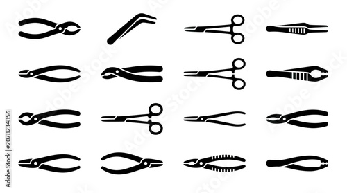 Tablou pe pânză Collection of Surgical Pliers and Forceps Icons Set, Medical Tools