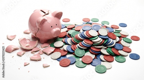 Broken Piggy Bank with Scattered Coins: A shattered pink piggy bank lies amidst a pile of colorful coins, symbolizing financial loss or unexpected expenses.