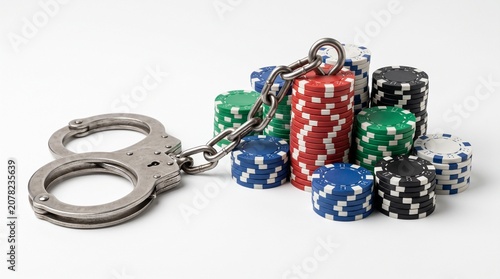 Handcuffs and Gambling Chips: A symbolic image representing the potential negative consequences of gambling addiction, with handcuffs linked to a pile of colorful casino chips.