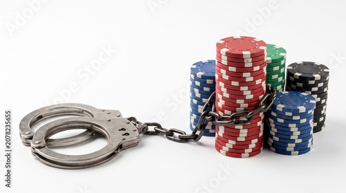 Gambling Crime Concept: A stack of colorful poker chips bound by a metal chain and handcuffs, symbolizing the potential legal consequences and risks associated with gambling.