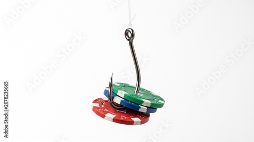 The Temptation of Chance: A fishing hook dangles, pierced through a stack of colorful casino chips, symbolizing the allure and risk of gambling.