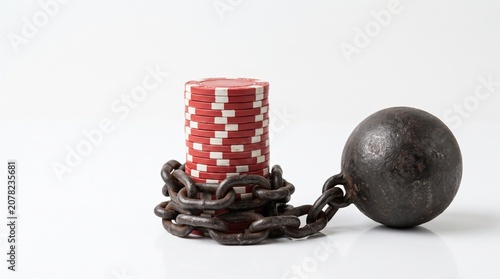 Gambling Debt Symbolism: A stack of casino chips is bound by heavy chains to a large, rusty cannonball, symbolizing the destructive nature and enslavement of gambling addiction.